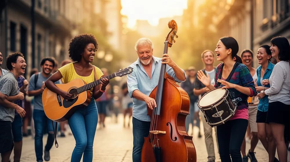 Trois musiciens jouent sur un trottoir un soir d’été, entourés de passants qui les écoutent