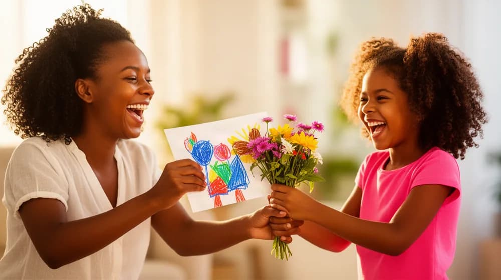 Une mère reçoit en riant un dessin et un bouquet des mains de sa petite fille