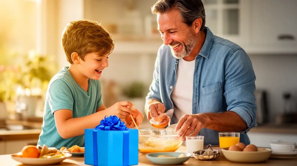 Un père et son fils préparent un petit déjeuner ensemble, un paquet cadeau posé à côté