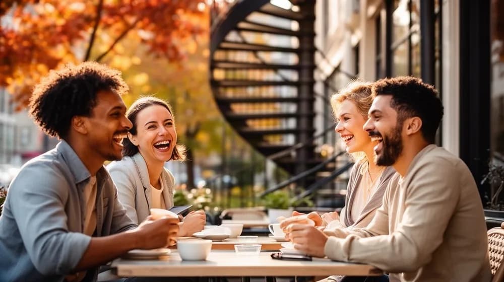 Quatre amis rient à la terrasse d’un café, un jour de septembre