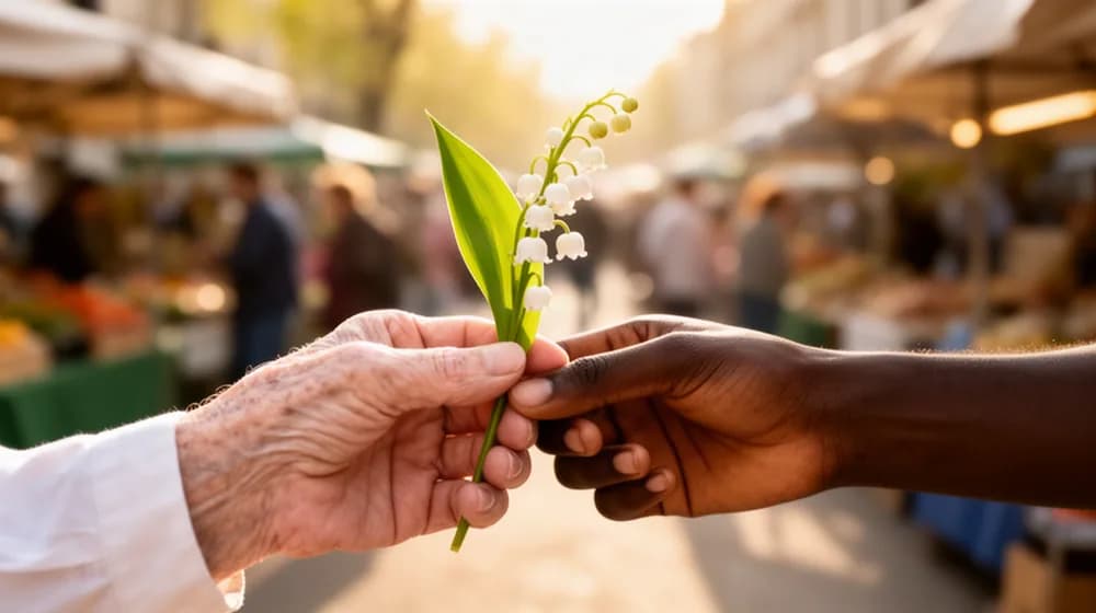 Un brin de muguet passe d’une main âgée à une main jeune, devant un marché de rue