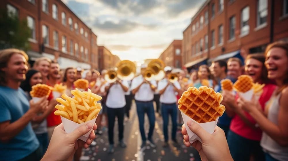 Une fête de rue devant des façades de brique, une fanfare de cuivres et des stands de gaufres