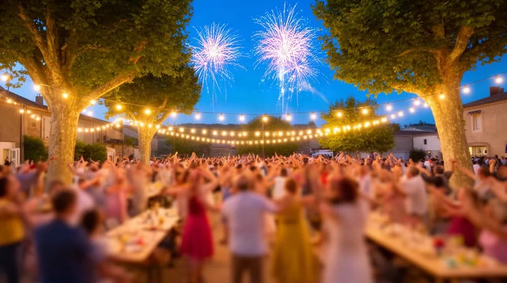 Un bal de village un soir de juillet, guirlandes dans les platanes et feu d’artifice au loin
