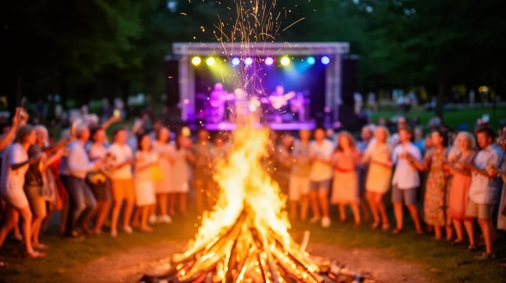 Un grand feu de joie dans un parc, une foule autour et une scène de musique au fond