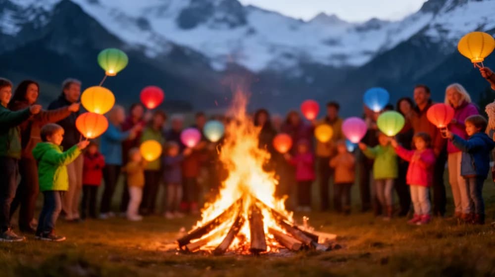 Un feu de joie sur un alpage à la tombée de la nuit, des enfants portant des lampions