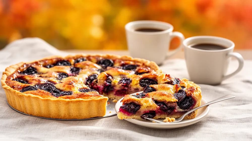 Une tarte aux pruneaux entamée sur une nappe de lin, une part servie à côté