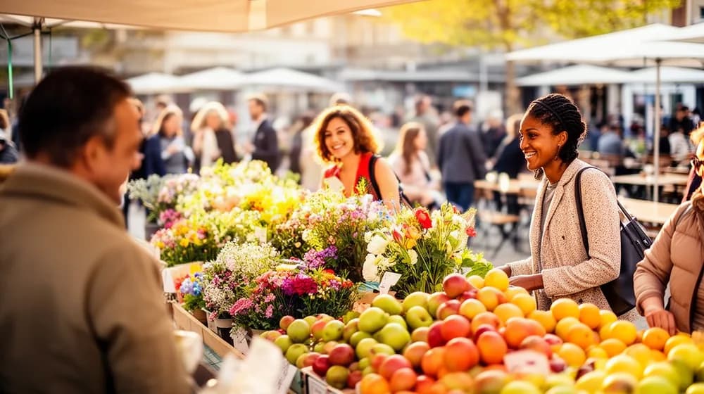 Un marché de printemps un matin de mai, des passants d’origines diverses entre les étals de fleurs