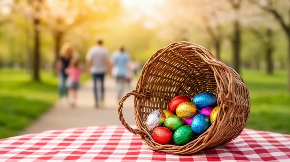 Un panier d’œufs en chocolat renversé sur une nappe, dans un parc au printemps