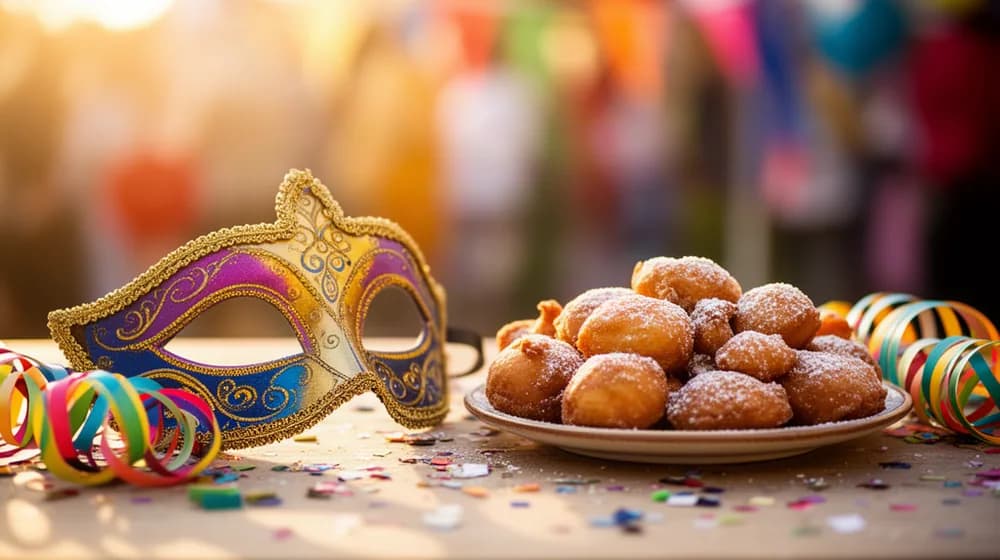 Un masque de carnaval et une assiette de beignets sucrés sur une table couverte de confettis