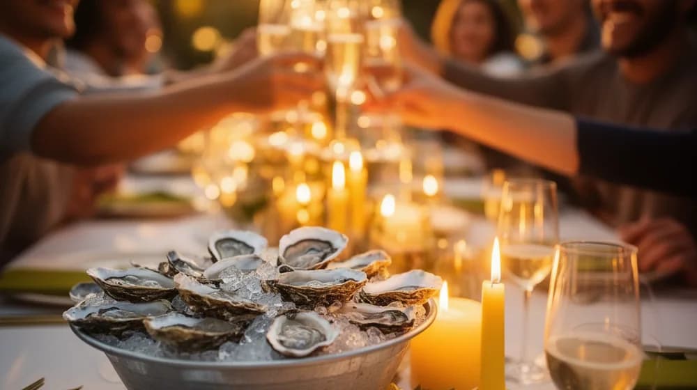 Une longue table de réveillon, plateau d’huîtres et coupes, des convives qui trinquent à l’arrière-plan