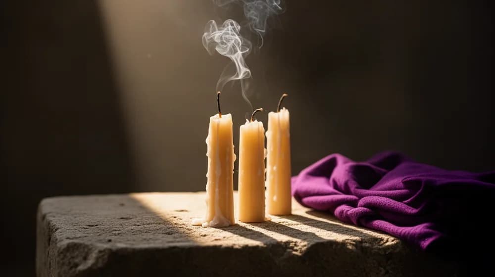Des cierges éteints dont la mèche fume encore, posés sur une dalle nue près d’un tissu violet