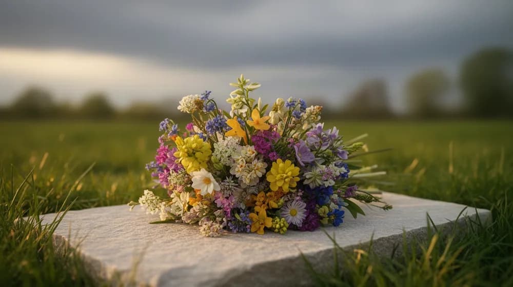Une gerbe de fleurs de printemps déposée sur une dalle de pierre claire