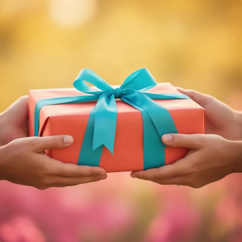 Deux mains se passent un paquet cadeau corail noué d’un ruban turquoise