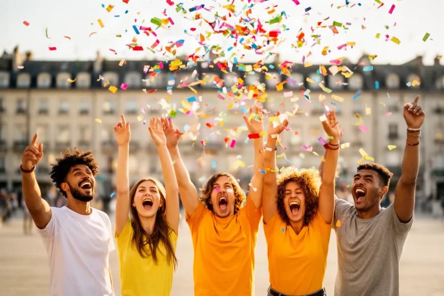 Pluie de confettis colorés au-dessus de cinq jeunes adultes qui lèvent les bras de joie