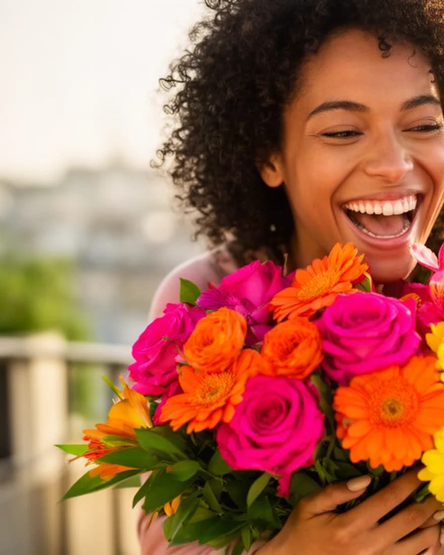 Jeune femme riant en serrant contre elle un grand bouquet de fleurs fuchsia, orange et jaunes, en pleine lumière