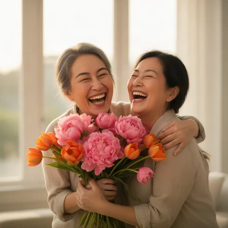 Une mère et sa fille adulte rient en s’enlaçant, un bouquet de pivoines roses dans les bras