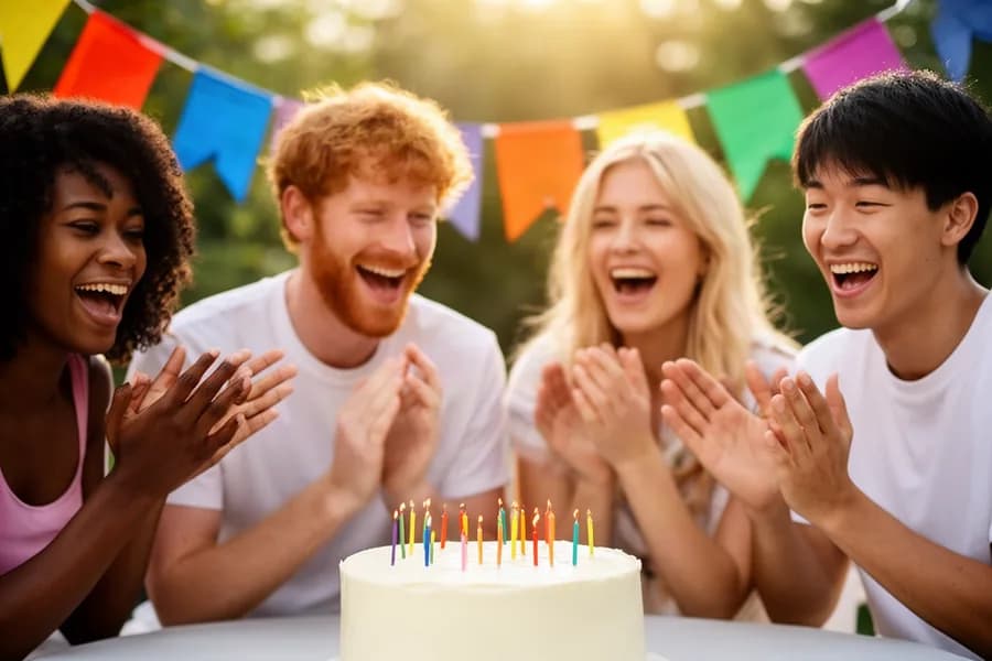 Quatre amis rient et applaudissent autour d’un gâteau d’anniversaire aux bougies allumées