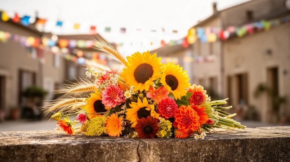Un bouquet de fleurs d’été sur un muret de village, des guirlandes de bal à l’arrière-plan