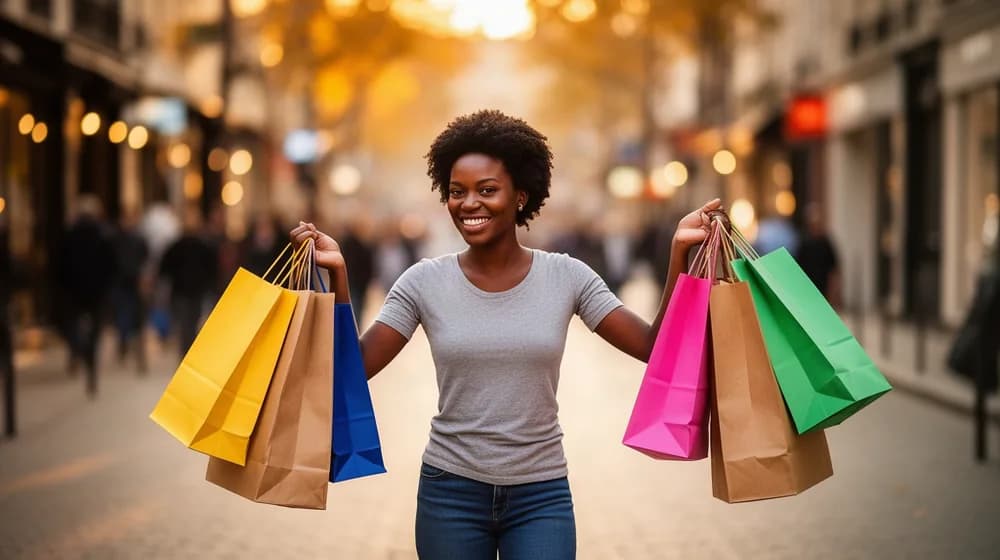 Une jeune femme porte plusieurs sacs de courses colorés dans une rue commerçante illuminée