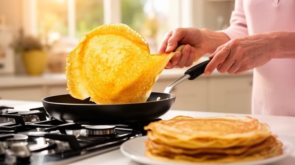 Une crêpe dorée retombe dans la poêle qu’on vient de faire sauter, une pile de crêpes attend à côté