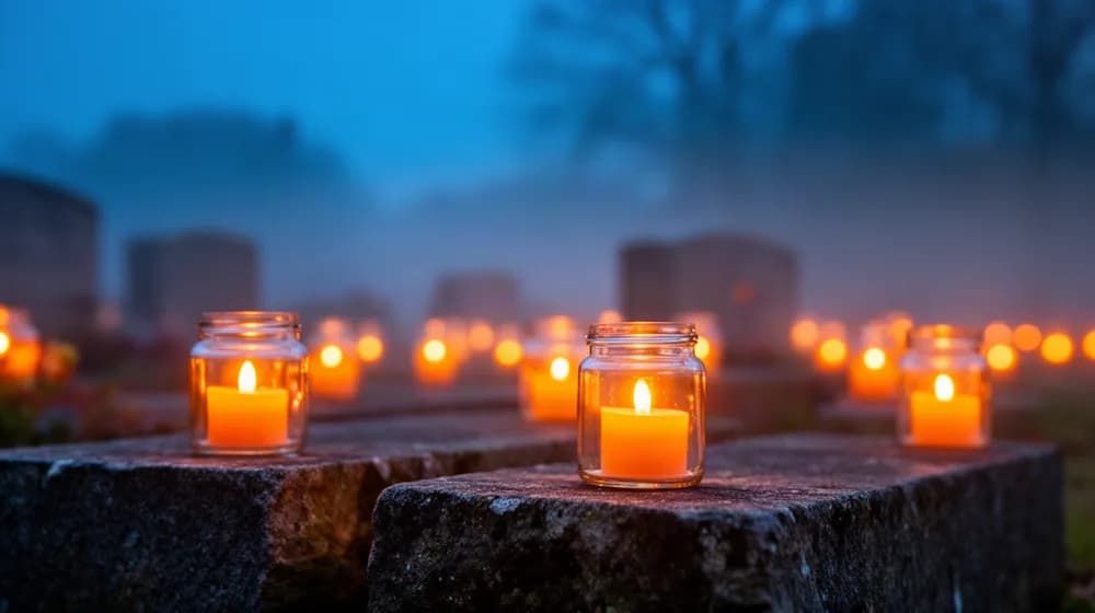 Des lanternes abritant des bougies allumées, alignées sur des pierres à la tombée de la nuit