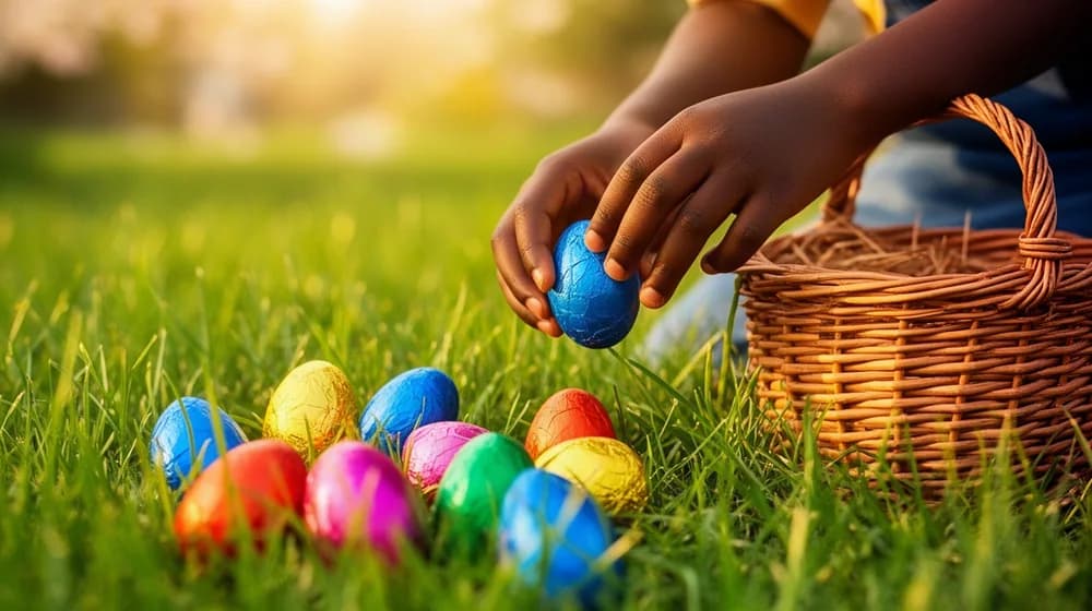 Des œufs en chocolat cachés dans l’herbe, la main d’un enfant qui en ramasse un