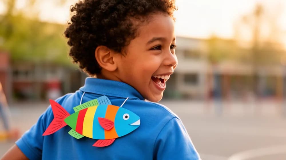 Un poisson de papier accroché dans le dos d’un enfant qui se retourne en riant