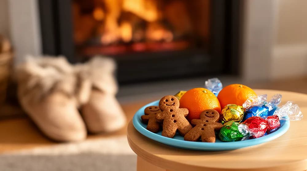Une assiette de biscuits en forme de bonhomme, d’oranges et de chocolats posée près de chaussons d’enfant