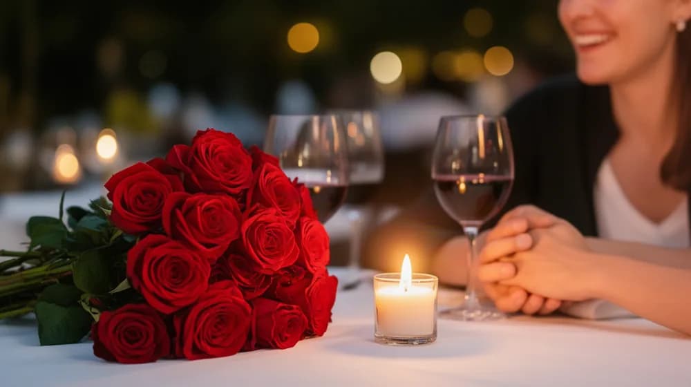 Un bouquet de roses rouges sur une table de restaurant, les mains d’un couple qui se rejoignent