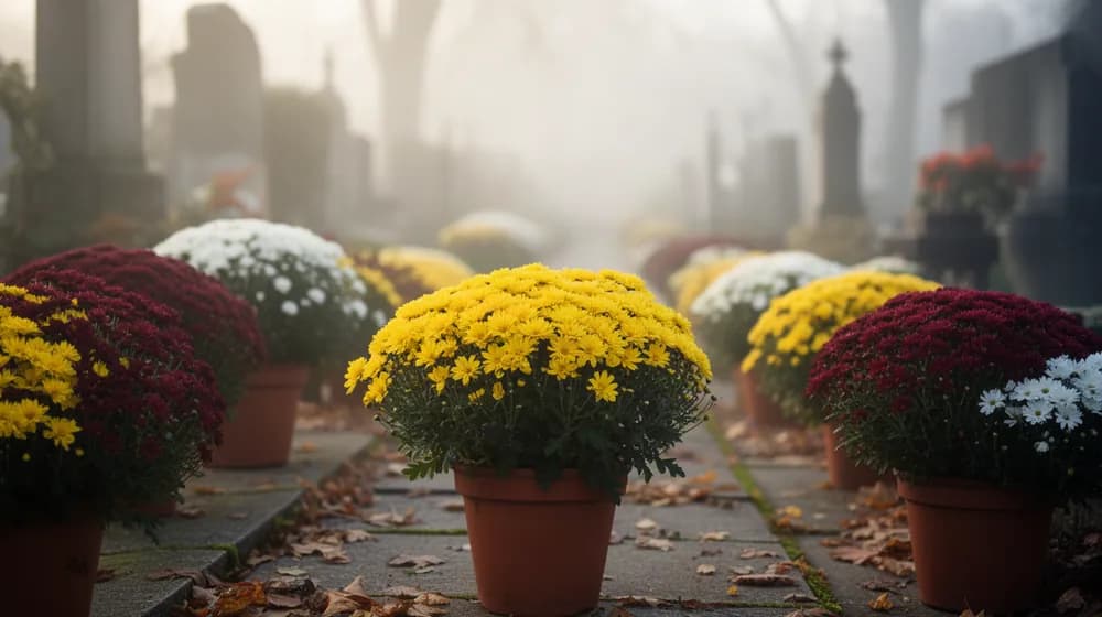 Des pots de chrysanthèmes posés sur les dalles d’une allée, dans la brume de novembre