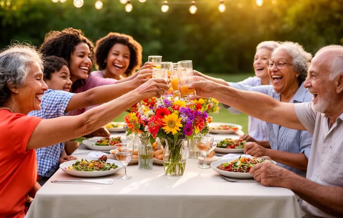 Grande tablée en plein air : une famille de trois générations trinque et rit sous une guirlande d’ampoules